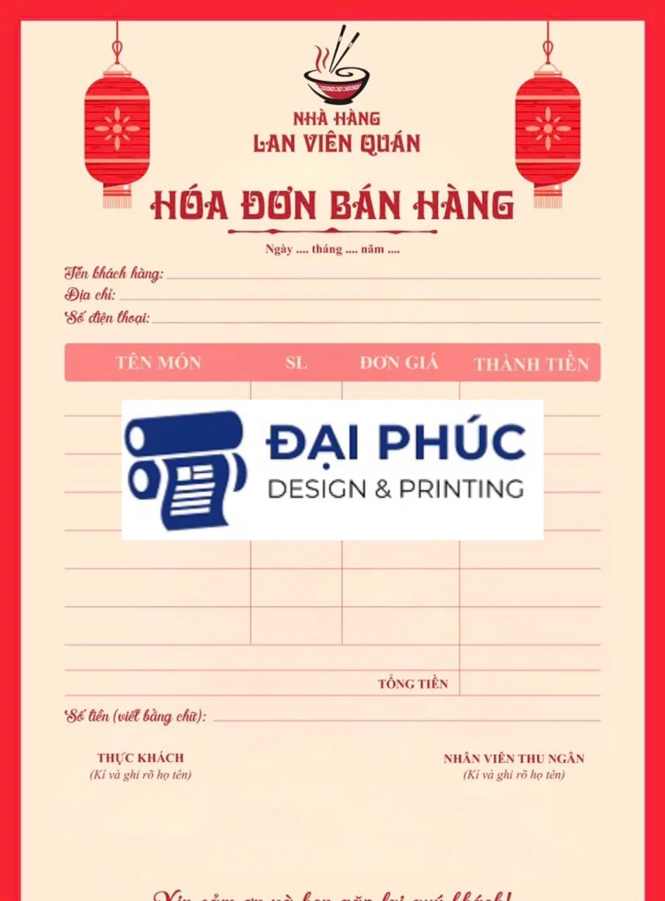 Mẫu in hóa đơn bán lẻ đẹp cho nhà hàng